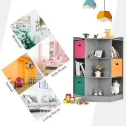 Costway 3-Tier Kid Storage Shelf Cubes W/3 Baskets Corner Cabinet Organizer Gray -Costway GUEST ba997def dc33 40c2 a356 e1c68dc60441