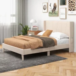 Costway Full/Queen Size Upholstered Bed Frame With Elastic Pockets Mattress Foundation Beige -Costway GUEST baa74fb3 ed4c 4437 a6ff 978968594d44
