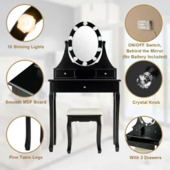 Costway Bedroom Vanity Set Makeup Dressing Table W/3 Drawers 10 LED Bulb Black -Costway GUEST bb59c28e 65a9 43c3 9273 0be105942c37