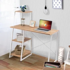 Costway Computer Desk With Shelves Workstation With Bookshelf Natural