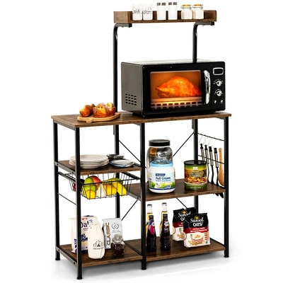 Costway 4-Tier Vintage Kitchen Baker's Rack Utility Microwave Stand W/ Basket & 5 Hooks 16 Costway 4-Tier Vintage Kitchen Baker's Rack Utility Microwave Stand W/ Basket & 5 Hooks - Image 14