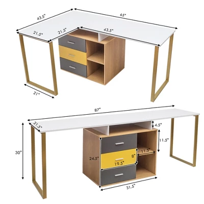 Costway 87'' Two Person Computer Desk Adjustable L-Shaped Office Desk W/Shelves & Drawers 7 Costway 87'' Two Person Computer Desk Adjustable L-Shaped Office Desk W/Shelves & Drawers - Image 5