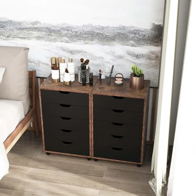 Costway 5 Drawer Chest Storage Dresser Floor Cabinet Organizer With Wheels Rustic Brown 6 Costway 5 Drawer Chest Storage Dresser Floor Cabinet Organizer With Wheels Rustic Brown - Image 4