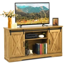 Costway 59'' Farmhouse TV Stand Sliding Barn Door Cabinet W/ Adjustable Shelf -Costway GUEST bdf41f25 ac5f 4e5f a212 9563f9a34b5c