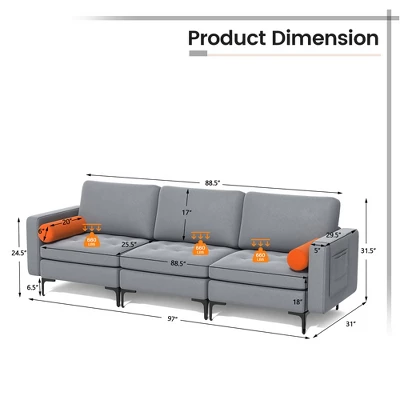 Costway Modern Modular 3-Seat Sofa Couch W/ Side Storage Pocket & Metal Leg Ash Grey 5 Costway Modern Modular 3-Seat Sofa Couch W/ Side Storage Pocket & Metal Leg Ash Grey - Image 3
