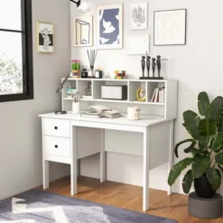 Costway Computer Desk 48" Writing Table W/ Power Outlets 5-Cubby Hutch 2 Storage Drawers
