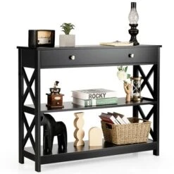 Costway 3-Tier Console Table X-Design Sofa Entryway Table With Drawer & Shelves Gray Espresso -Costway GUEST bf2cc0ba 199b 4be8 9ab5 5665739321d7