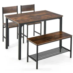 Costway 4pcs Dining Table Set Rustic Desk 2 Chairs & Bench With Storage Rack Brown/Grey/Coffee -Costway GUEST c213bf34 a97a 432b a63c da0a3ad88056