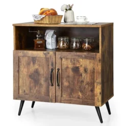 Costway Mid-century Storage Cabinet Sideboard W/ Doors Wine Glass Racks Rustic Brown -Costway GUEST c2205aa0 801a 4583 a697 1c7cd13cd0f9