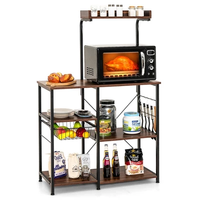 Costway 4-Tier Vintage Kitchen Baker's Rack Utility Microwave Stand W/ Basket & 5 Hooks 14 Costway 4-Tier Vintage Kitchen Baker's Rack Utility Microwave Stand W/ Basket & 5 Hooks - Image 12