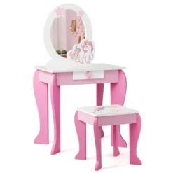 Costway Kids Vanity Makeup Dressing Table Chair Set Wooden W/ Mirror Drawer -Costway GUEST c65a0ef9 5075 404a a2b9 748e362c6554