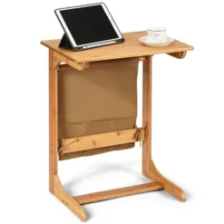 Costway Bamboo Sofa Table Laptop Desk Coffee Snack End Table Bedside Table W/Storage Bag -Costway GUEST c68389e9 2f66 482b 9739 e544a7d8b863