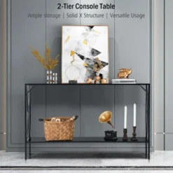 Costway 2 Tier Console Table Narrow Accent Side Entryway Table Metal Frame Black -Costway GUEST ca0198b3 c32c 4911 9832 98a74bc53e82