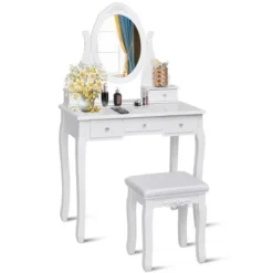 Costway Bedroom Wooden Mirrored Makeup Vanity Set Stool Table Set White 5 Drawers -Costway GUEST ca03e438 4e38 4409 a883 e28510562ced