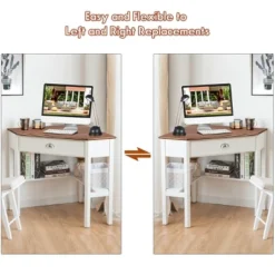 Costway Triangle Computer Desk Corner Office Desk Laptop Table W/ Drawer Shelves Rustic Natural &White -Costway GUEST ca8670f0 592b 49a2 abea 11cf6bbd423e