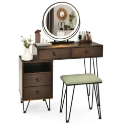 Costway Vanity Table Stool Set Dimmer LED Mirror Large Storage Cabinet Drawer Walnut BlackBrownWhite -Costway GUEST cac71478 b83d 4a7d 9b3b f15773bb69de