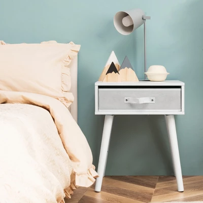 Costway Mid-Century Nightstand End Accent Bedside Table W/ Fabric Drawer Rustic White 4 Costway Mid-Century Nightstand End Accent Bedside Table W/ Fabric Drawer Rustic White - Image 2