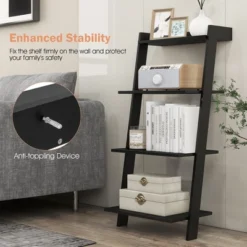 Costway 4-Tier Ladder Shelf Leaning Bookshelf WithAnti-falling Baffle Wood Bookcase Black/White -Costway GUEST cb5a563f ab4c 4e6d 9170 a3e3f045f735