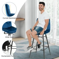 Costway Set Of 2 Velvet Bar Stools Bar Height Kitchen Dining Chairs With Metal Legs Blue/Grey -Costway GUEST cc553fe0 d080 419d 8966 37055e9c1507