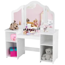 Costway Vanity Table Set Makeup Dressing Kids Girls Study Table Tri Folding Mirror WhitePink -Costway GUEST ccce7273 e5aa 4888 aca5 c6351d396604