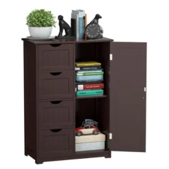 Costway Wooden 4 Drawer Bathroom Cabinet Storage Cupboard 2 Shelves Free Standing Brown -Costway GUEST cd41dfc6 3d19 4b68 b5aa d9cb3c33d3c8