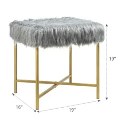 Costway Faux Fake Fur Stool Ottoman Footrest Stool Decorative With Metal Legs GreyPinkWhite