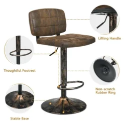 Costway Set Of 4 Adjustable Bar Stools Swivel Bar Chairs W/Backrest Retro Brown -Costway GUEST cdc44d74 b734 4c98 8aef df5fe0f45655