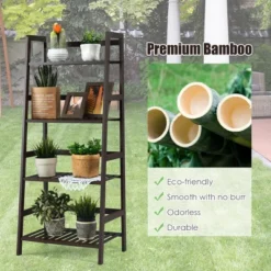 Costway 4-Tier Bamboo Ladder Shelf Plant Display Stand Rack Bookshelf Dark Brown -Costway GUEST cef66d4c 4334 4221 9068 733ac520bf7c