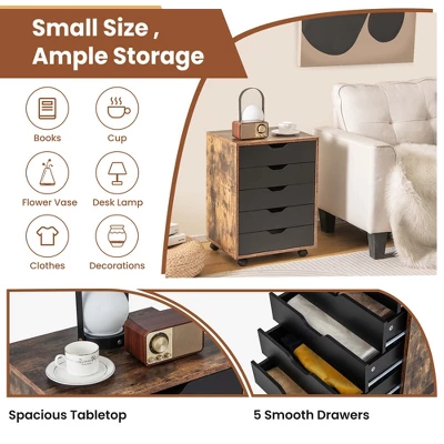 Costway 5 Drawer Chest Storage Dresser Floor Cabinet Organizer With Wheels Rustic Brown 7 Costway 5 Drawer Chest Storage Dresser Floor Cabinet Organizer With Wheels Rustic Brown - Image 5