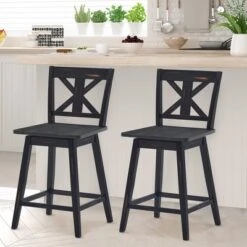 Costway Set Of 2 Bar Stools Swivel Counter Height Chair W/ Solid Wood Legs WhiteBlack