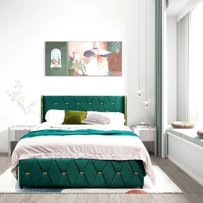 Costway Upholstered Platform Bed Frame Adjustable Headboard Footboard Modern Green 5 Costway Upholstered Platform Bed Frame Adjustable Headboard Footboard Modern Green - Image 3