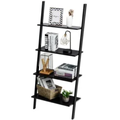 Costway Industrial Ladder Shelf 4-Tier Leaning Wall Bookcase Plant Stand Rustic Black/Brown -Costway GUEST d0f975ed 466b 4627 9545 ebd80090f431