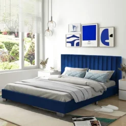 Costway Upholstered Bed Frame Full Size Modern Platform Bed With Vertical Channel Headboard No Box Spring Needed Navy/Grey -Costway GUEST d1b5eb3b 29b0 41a1 acd2 b4537f4b6579