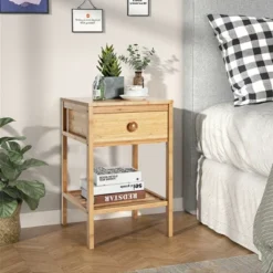 Costway Bamboo Nightstand Natural Side End Table W/Drawer For Living Room Bedroom