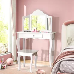 Costway Kid Vanity Table Set With Tri-folding Mirror 2-in-1 Makeup Dressing Table Stool Set 19 Costway Kid Vanity Table Set With Tri-folding Mirror 2-in-1 Makeup Dressing Table Stool Set -Costway GUEST d22aa830 b841 4bab 8def 711f80e6bda4