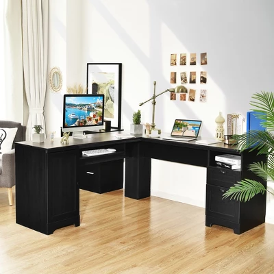 Costway L-Shaped Corner Computer Desk Writing Table Study Workstation W/ Drawers Storage Black 4 Costway L-Shaped Corner Computer Desk Writing Table Study Workstation W/ Drawers Storage Black - Image 2
