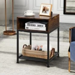 Costway Industrial Nightstand End Side Table W/ Compartment & Mesh Shelf Rustic Brown