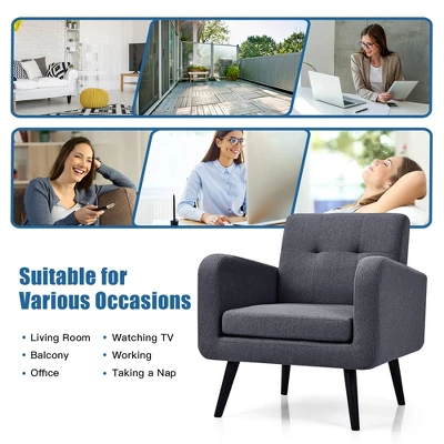 Costway Mid Century Accent Chair Fabric Arm Chair Single Sofa W/Rubber Wood Legs BlueGrey 5 Costway Mid Century Accent Chair Fabric Arm Chair Single Sofa W/Rubber Wood Legs BlueGrey - Image 3