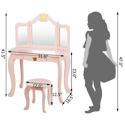 Costway Kids Makeup Dressing Table Chair Set Princess Vanity & Tri-folding Mirror 3 Costway Kids Makeup Dressing Table Chair Set Princess Vanity & Tri-folding Mirror