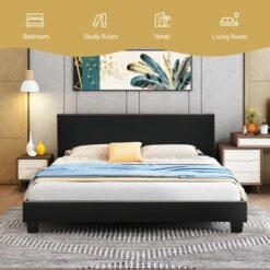 Costway Full Upholstered Platform Bed Frame With Linen/PU Headboard Wood Slat Gray/Black -Costway GUEST d63ca548 0dcd 47c0 99f1 216a7ce4a368
