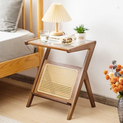 Costway Rattan Side Table Bamboo Accent Bedside Table With Tempered Glass Top Walnut/Natural 4 Costway Rattan Side Table Bamboo Accent Bedside Table With Tempered Glass Top Walnut/Natural - Image 2