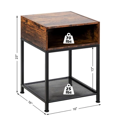 Costway Industrial Nightstand End Side Table W/ Compartment & Mesh Shelf Rustic Brown 4 Costway Industrial Nightstand End Side Table W/ Compartment & Mesh Shelf Rustic Brown - Image 2