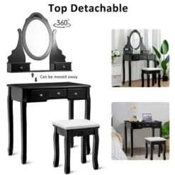 Costway Vanity Jewelry Wooden Makeup Dressing Table Set W/Stool Mirror & 5 Drawers Black -Costway GUEST d80d812f f1c0 4708 bbaf b94a75283c3a