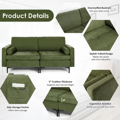 Costway Modern Loveseat 2-Seat Sofa Couch W/ 2 Bolsters & Side Storage Pocket Army Green 9 Costway Modern Loveseat 2-Seat Sofa Couch W/ 2 Bolsters & Side Storage Pocket Army Green - Image 7