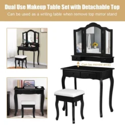 Costway Vanity Makeup Dressing Table Set W/Stool 4 Drawer&Mirror Jewelry Wood Desk Black -Costway GUEST d999651d 9c02 4c57 9da3 72023f944092