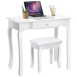 Costway White Vanity Wood Makeup Dressing Table Stool 3 Drawer -Costway GUEST d9be94ee 7123 4069 acca 2c5c66a7cd33