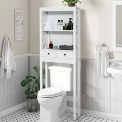 Costway Over The Toilet Storage Rack Bathroom Space Saver With 2 Open Shelves & Drawers