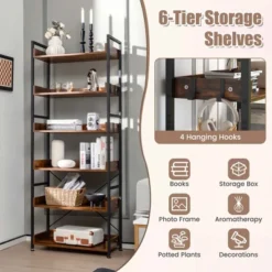 Costway 6-Tier Bookshelf Open Display Shelves Storage Rack Metal Frame With 4 Hooks Rustic -Costway GUEST db162d80 b721 4c3a 800e c9facf352dd0