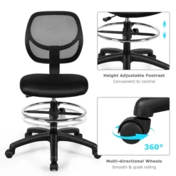Mesh Drafting Chair Mid Back Office Chair Adjustable Height W/Footrest Armless -Costway GUEST db301fad 7117 4292 b527 607d76759b88