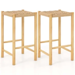 Costway 26'' Dining Bar Stool Set Of 2/4 Counter Height With Rubber Wood Woven Saddle Seat -Costway GUEST db9a6151 eda0 41fb a289 53739021b903